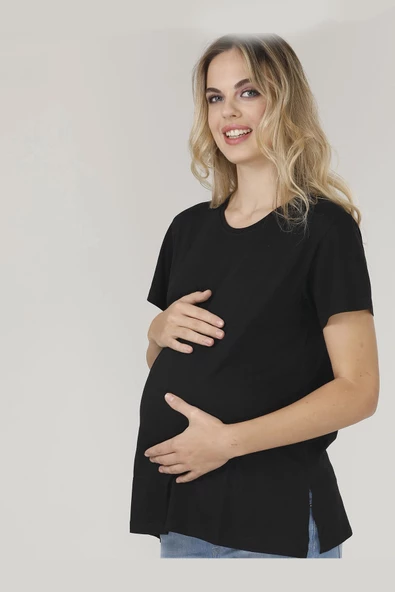 Nisanca Bisiklet Yaka Rahat Kalıp Modal Pamuklu Hamile Tshirt - Tişört - 9