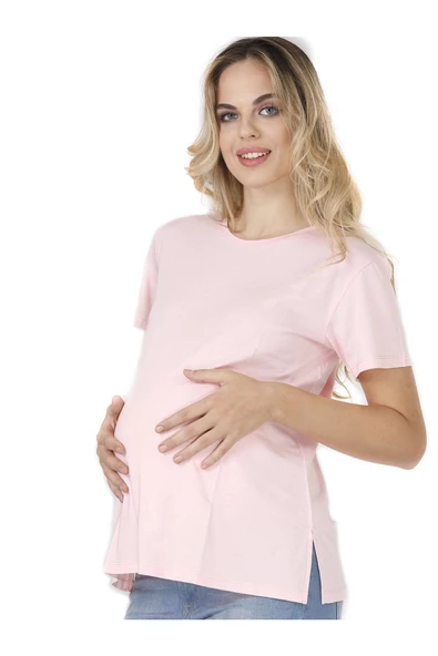 Nisanca Bisiklet Yaka Rahat Kalıp Modal Pamuklu Hamile Tshirt - Tişört - 5