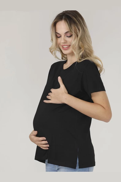 Nisanca Bisiklet Yaka Rahat Kalıp Modal Pamuklu Hamile Tshirt - Tişört - 8