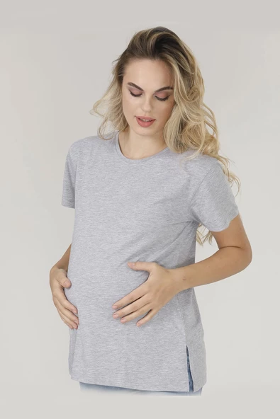 Nisanca Bisiklet Yaka Rahat Kalıp Modal Pamuklu Hamile Tshirt - Tişört - 11