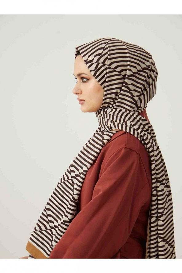 Kadın Kahverengi Çikolata Serisi Op Art Desenli Şal - Resim 2