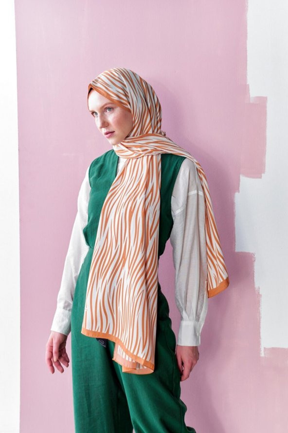 Inci Serisi Zen Desenli Turuncu Medine Ipeği Şal - Resim 2