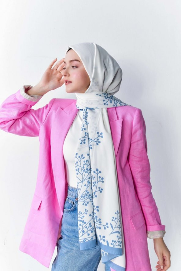 İnci Serisi Papaver Desenli Mavi Medine İpeği Şal - Resim 2