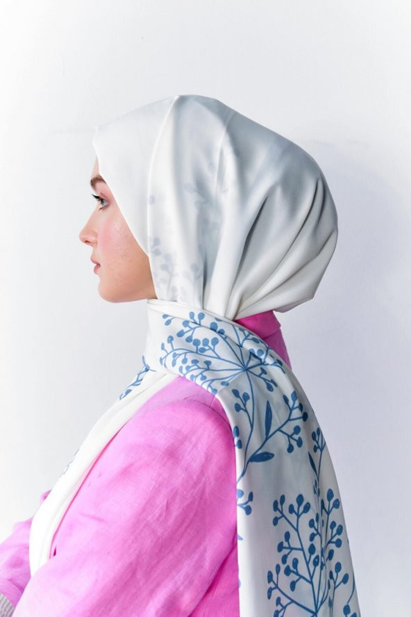 İnci Serisi Papaver Desenli Mavi Medine İpeği Şal - Resim 3