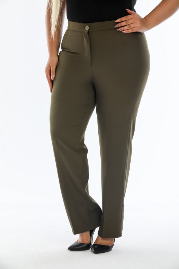 Büyük Beden Beli Lastikli Dar Paça Kadın Pantolon Haki - 4