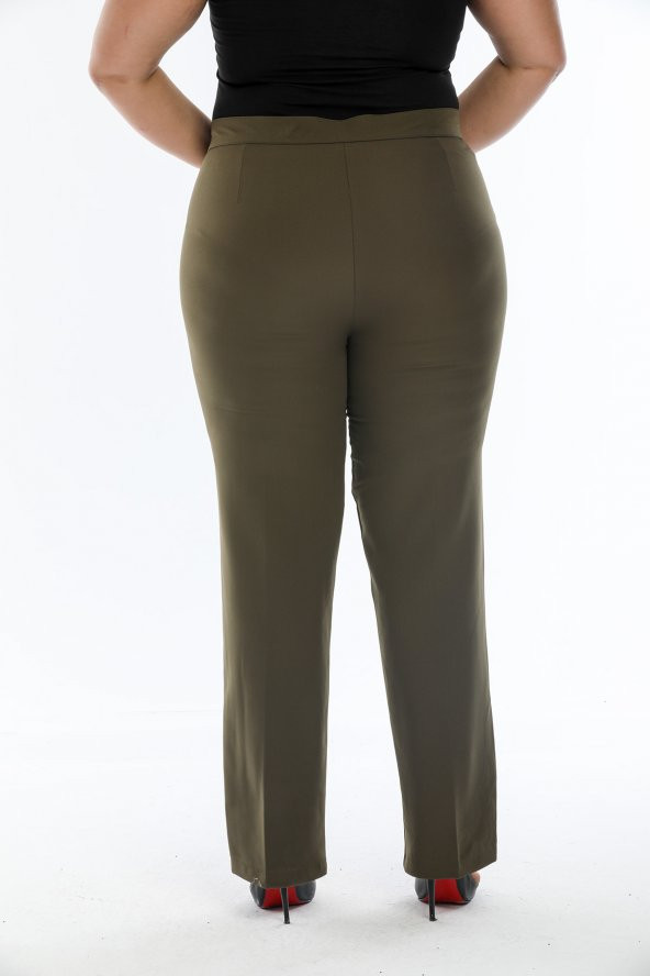 Büyük Beden Beli Lastikli Dar Paça Kadın Pantolon Haki - 5
