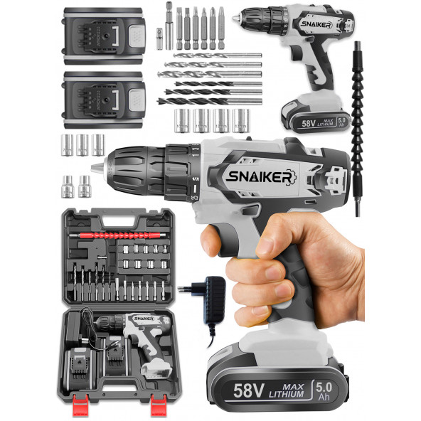 snaiker Alman 58 V 5 Ah Bakır Sargı Darbeli Çift Akülü Vidalama Metal Şanzıman Şarjlı Matkap - 2
