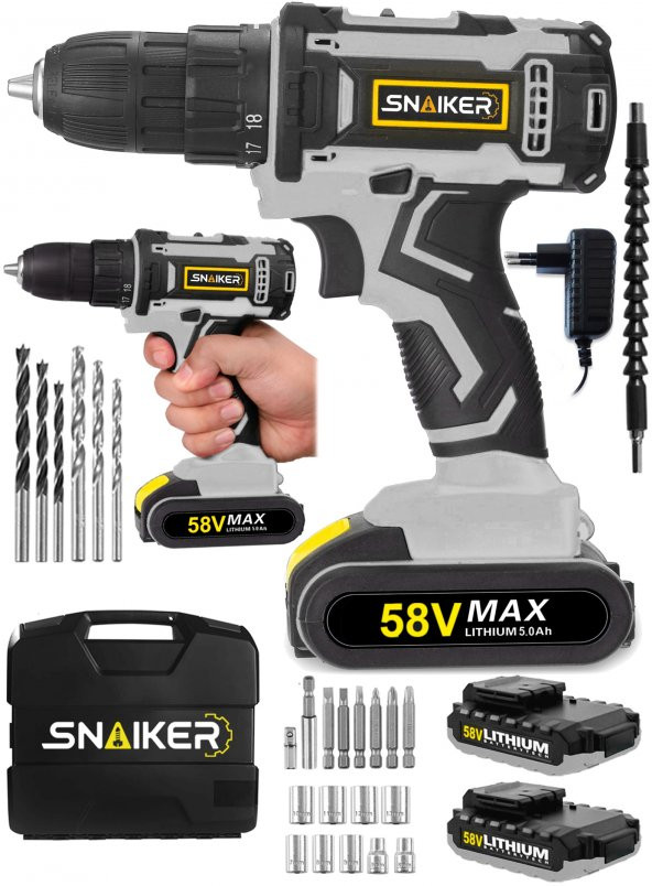 snaiker Alman 58 V 5 Ah Darbeli Metal Şanzıman Bakir Sargılı Çift Akülü Şarjlı Vidalama Matkap 24 Parça Set