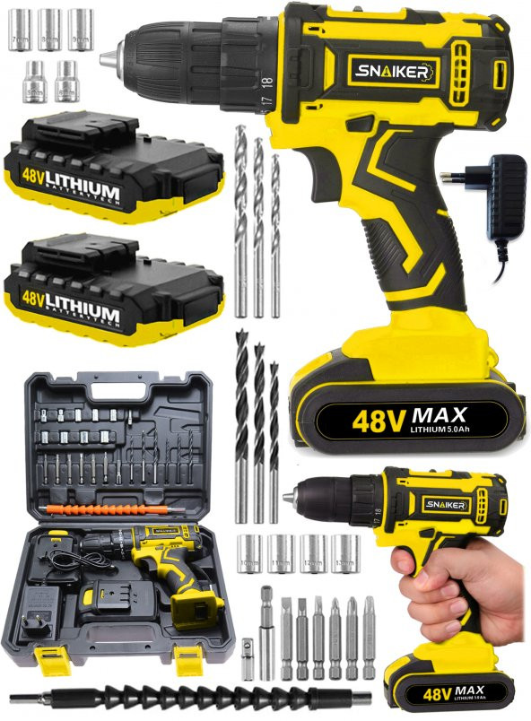 snaiker Alman 48 V 5 Ah Master Darbeli Çift Metal Şanzuman Bakır Sargili Şarjlı Çift Akülü Vidalama Matkap