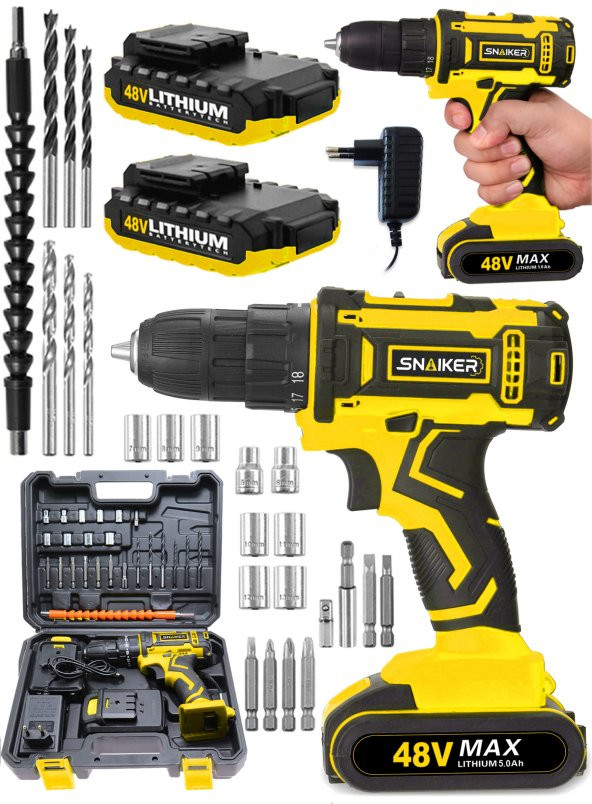 snaiker Alman 48 V 5 Ah Master Darbeli Çift Metal Şanzuman Bakır Sargili Şarjlı Çift Akülü Vidalama Matkap - 2