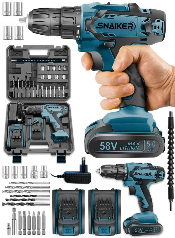 snaiker Alman 12 V 1.2 Ah Cooper Darbeli Çift Metal Şanzuman Bakır Sargili Şarjlı Çift Akülü Vidalama Matkap