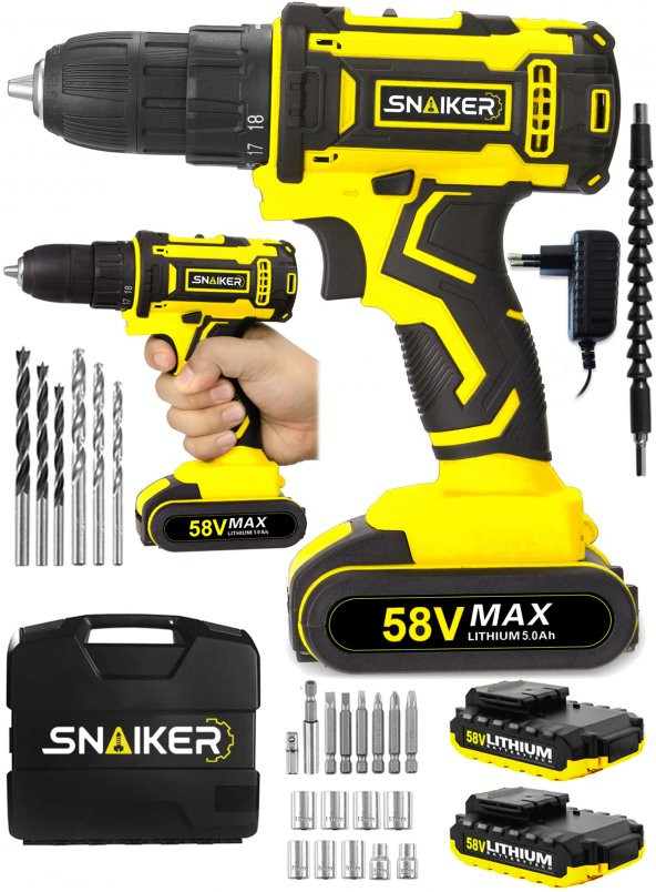 snaiker Alman 58 V 5 Ah GTX Darbeli Çift Metal Şanzuman Bakır Sargili Şarjlı Çift Akülü Vidalama Matkap - 2