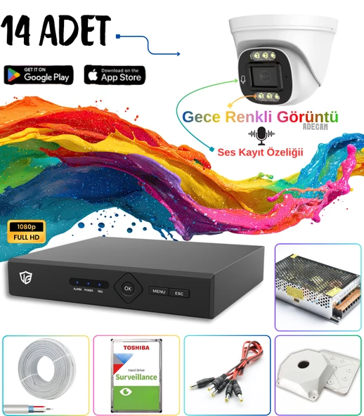 Adecam 14'lü Full HD AHD Güvenlik Kamera Sistemi + 30 Gün Kayıt, Cepten İzleme - Gece Renkli & Sesli Set