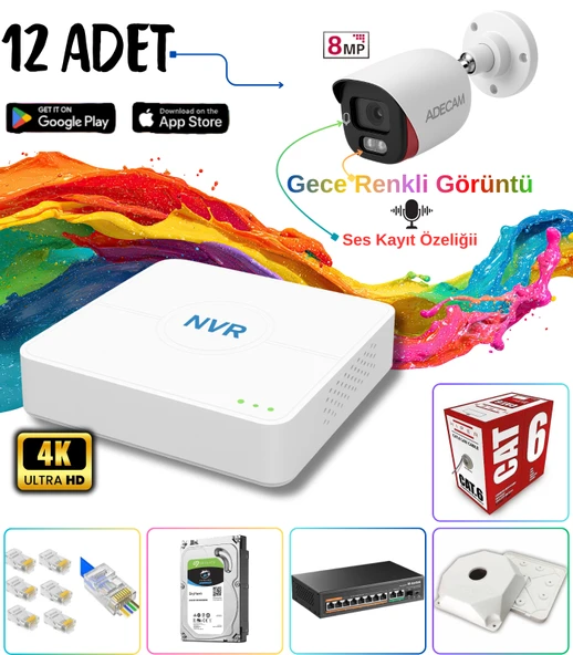 Adecam 12'li Full HD IP Güvenlik Kamera Sistemi - Gece Renkli & Sesli Set + 30 Gün Kayıt, Cepten İzleme