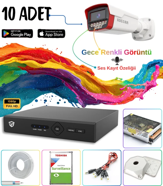 10'lu Full HD AHD Güvenlik Kamera Sistemi - Gece Renkli & Sesli Set + 30 Gün Kayıt, Cepten İzleme