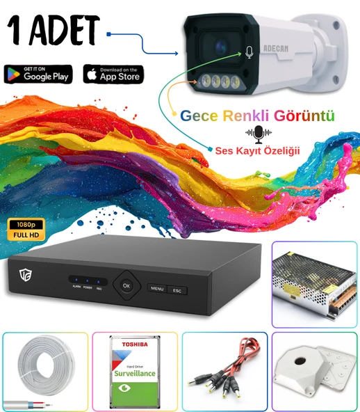 Adecam 1'li Full HD AHD Güvenlik Kamera Sistemi Cepten İzleme - Gece Renkli & Sesli Set + 30 Gün Kayıt