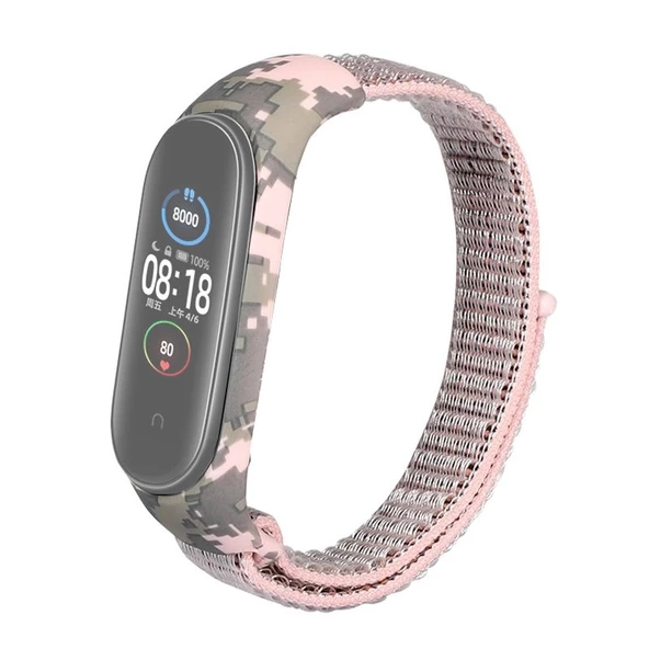 Gpack Xiaomi Mi Band 5 Kordon Kumaş CırtCırt Kamuflaj Desenli Bronz