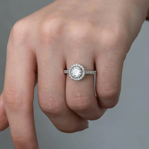 Beyaz Zirkon Taşlı Yuvarlak Gümüş Bayan Yüzük - 6