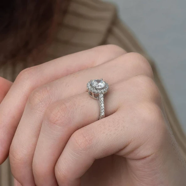 Beyaz Zirkon Taşlı Yuvarlak Gümüş Bayan Yüzük - 7