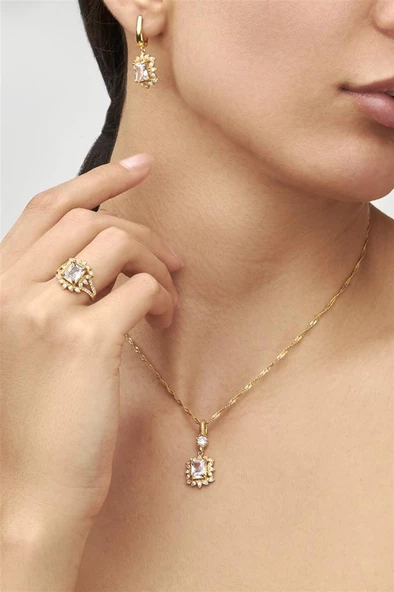 Altın Kaplama Zirkon Taşlı Baget Gümüş Bayan Takı Seti - Resim 3