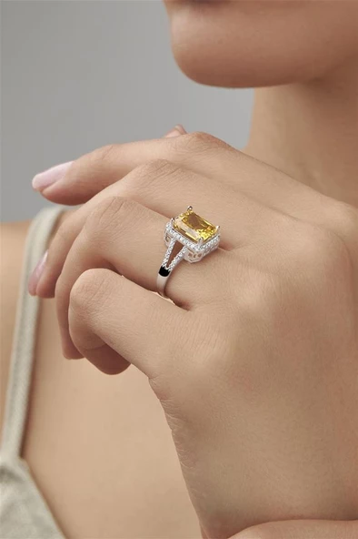 Sitrin Taşlı Baget Gümüş Bayan Yüzük ürün görseli 1