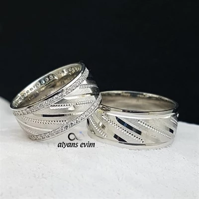Kum Desenli Çift Gümüş Alyans Yüzük - 5