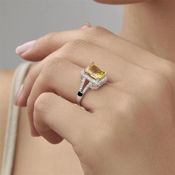 Sitrin Taşlı Baget Gümüş Bayan Yüzük - Resim 3