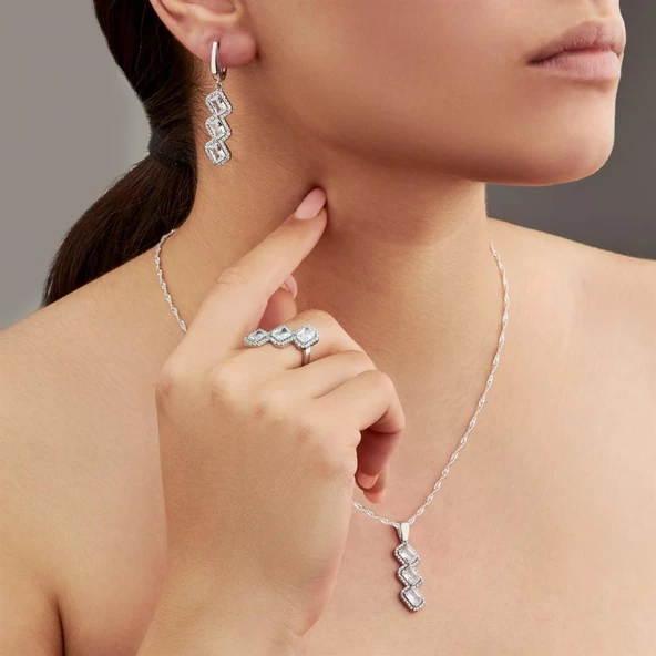 Rodyumlu Zirkon Taşlı Baget Gümüş Bayan Takı Seti - 4