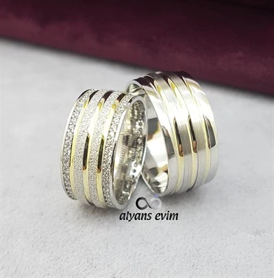 Çizgi Desenli Çift Gümüş Alyans - 6
