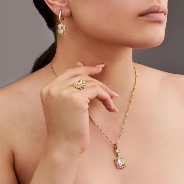 Altın Kaplama Zirkon Taşlı Baget Gümüş Bayan Takı Seti - Resim 4