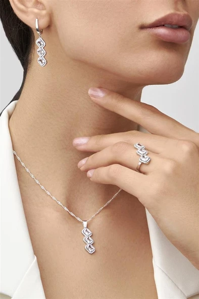 Rodyumlu Zirkon Taşlı Baget Gümüş Bayan Takı Seti - 3