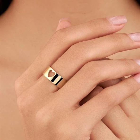 Altın Kaplama Kalp Motifli Gümüş Tek Alyans Yüzük - Resim 3