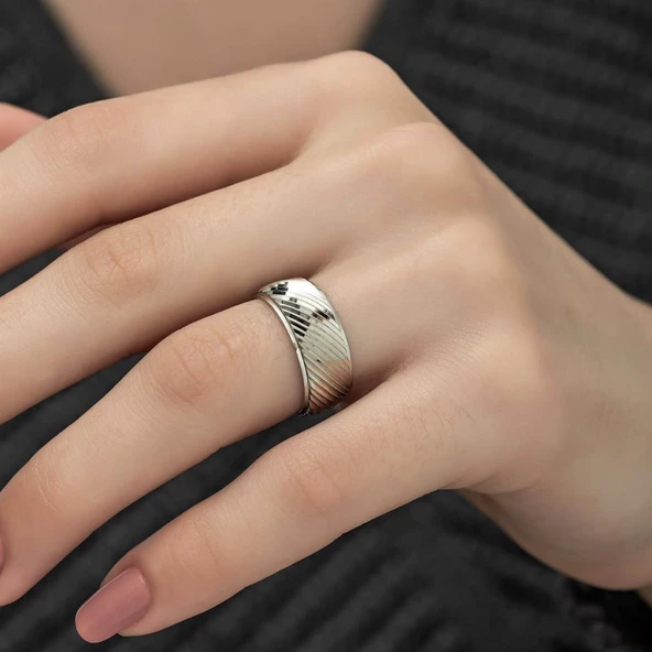 Çapraz Çizgili 925 Gümüş Bayan Tek Alyans Yüzük - 6