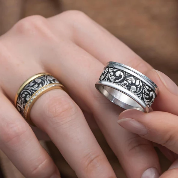 Osmanlı Desenli Çift Gümüş Alyans Yüzük - Resim 4