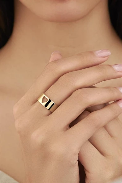 Altın Kaplama Kalp Motifli Gümüş Tek Alyans Yüzük - Resim 2