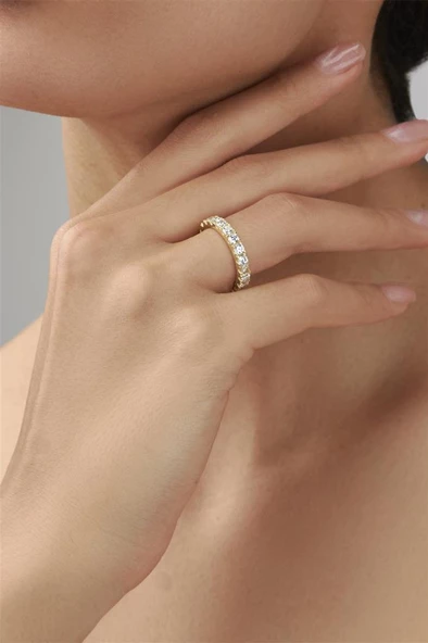 Altın Kaplama Zirkon Taşlı İnce Tamtur Gümüş Bayan Yüzük - Resim 2