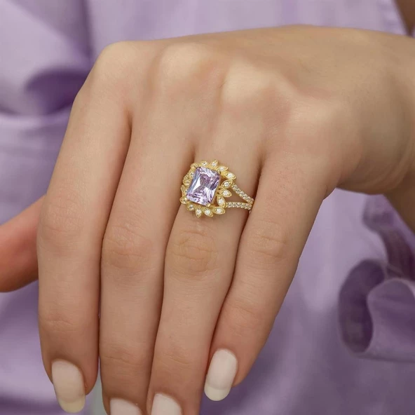 Altın Kaplama Zirkon Taşlı Çiçek Motifli Gümüş Bayan Yüzük - Resim 3