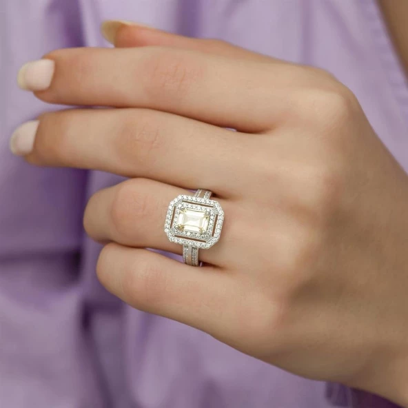 İki Sıra Sarı Zirkon Taşlı Tektaş Gümüş Bayan Baget Yüzük - Resim 3