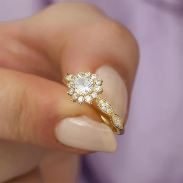 Altın Kaplama Papatya Motifli Tektaş Gümüş Bayan Yüzük - Resim 10