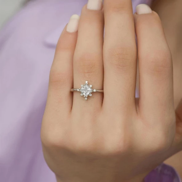 Kare Zirkon Taşlı Tektaş Gümüş Bayan Yüzük - Resim 6