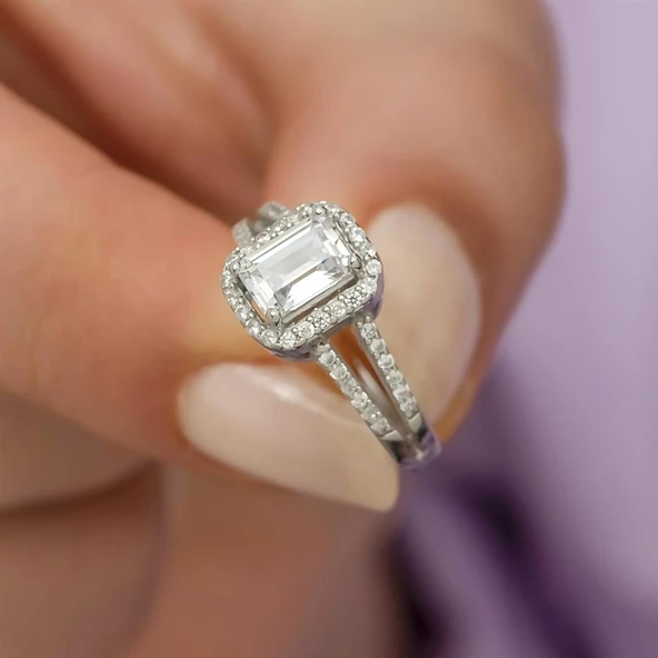 Baget Zirkon Taşlı Tektaş Gümüş Bayan Yüzük - Resim 4