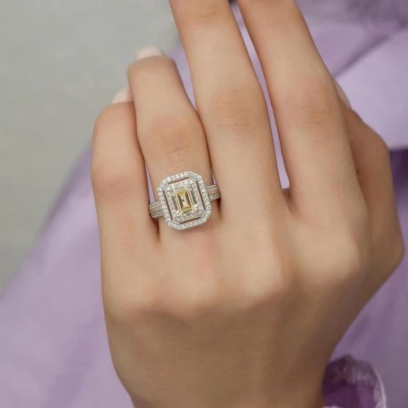 İki Sıra Sarı Zirkon Taşlı Tektaş Gümüş Bayan Baget Yüzük - Resim 4