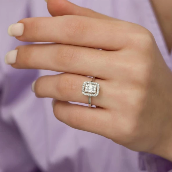 Baget Zirkon Taşlı Gümüş Bayan Yüzük - Resim 11