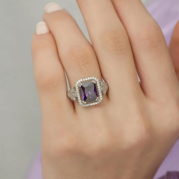 Ametist Zirkon Taşlı Motifli Tektaş Gümüş Bayan Baget Yüzük - Resim 10