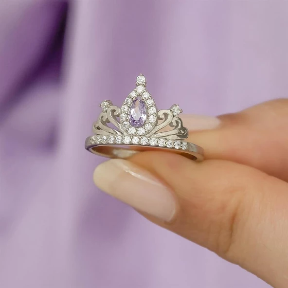 Ametist Zirkon Taşlı Kraliçe Taç Motifli Tektaş Gümüş Bayan Yüzük - Resim 5