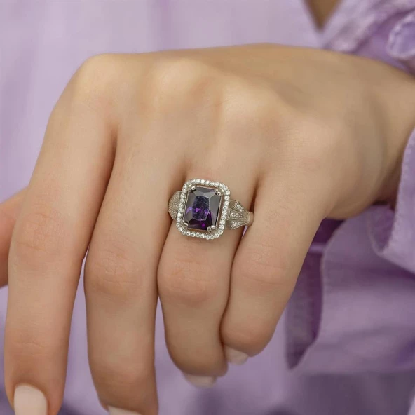 Ametist Zirkon Taşlı Motifli Tektaş Gümüş Bayan Baget Yüzük - Resim 2