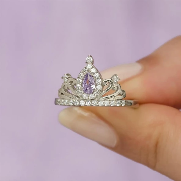 Ametist Zirkon Taşlı Kraliçe Taç Motifli Tektaş Gümüş Bayan Yüzük - Resim 6