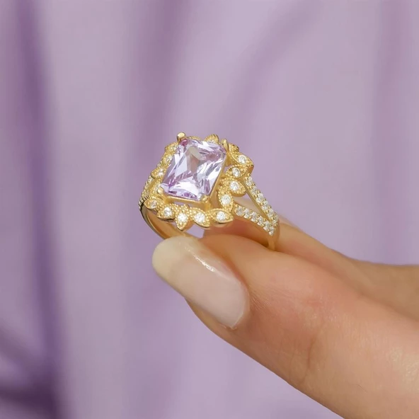 Altın Kaplama Zirkon Taşlı Çiçek Motifli Gümüş Bayan Yüzük - Resim 7