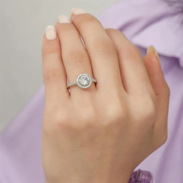 Yuvarlak Zirkon Taşlı Tektaş Gümüş Bayan Yüzük - Resim 10