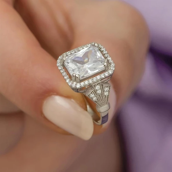 Zirkon Taşlı Motifli Tektaş Gümüş Bayan Baget Yüzük - Resim 6